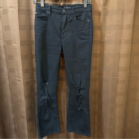 7 For All Mankind High Waist Flare Cropped Distressed Jeans in Pitch Black - Picture 3 of 6